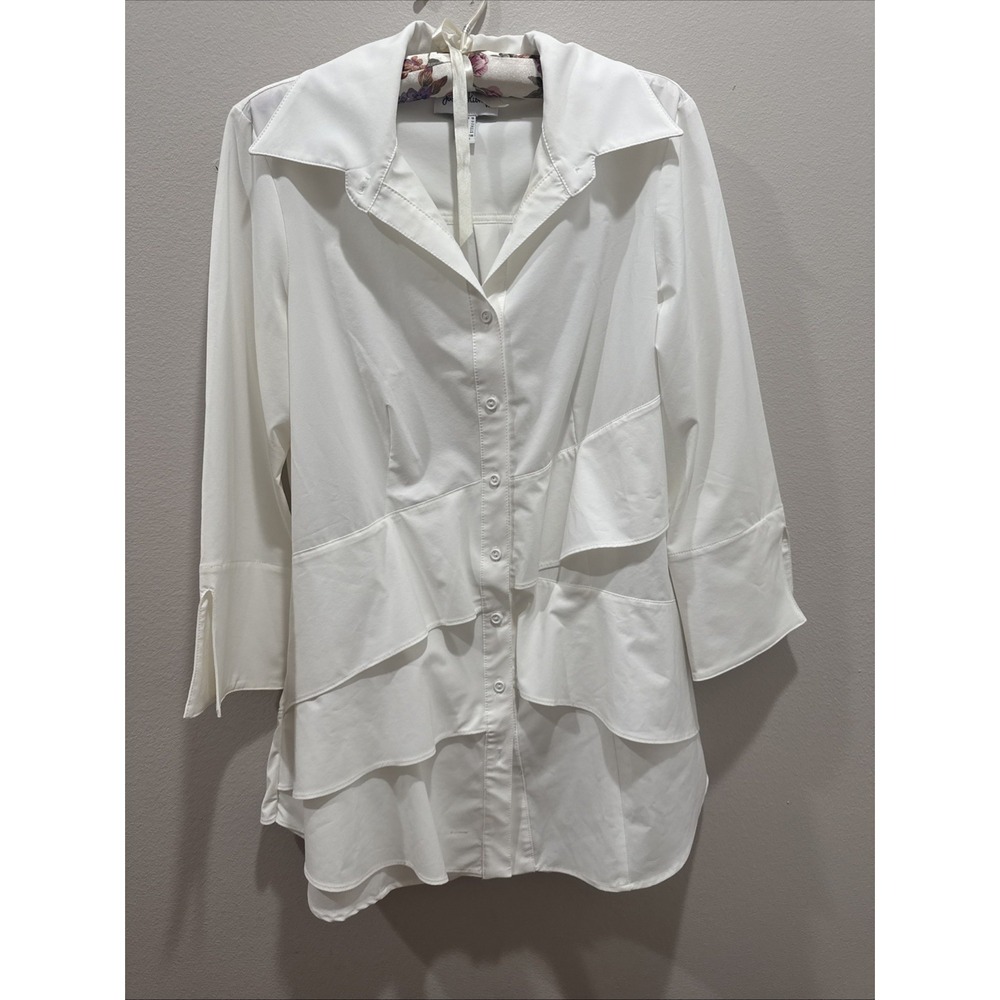 JOSEPH RIBKOFF Tiered White Button Down Top 3/4 Sleeves Tunic Artsy Size 10